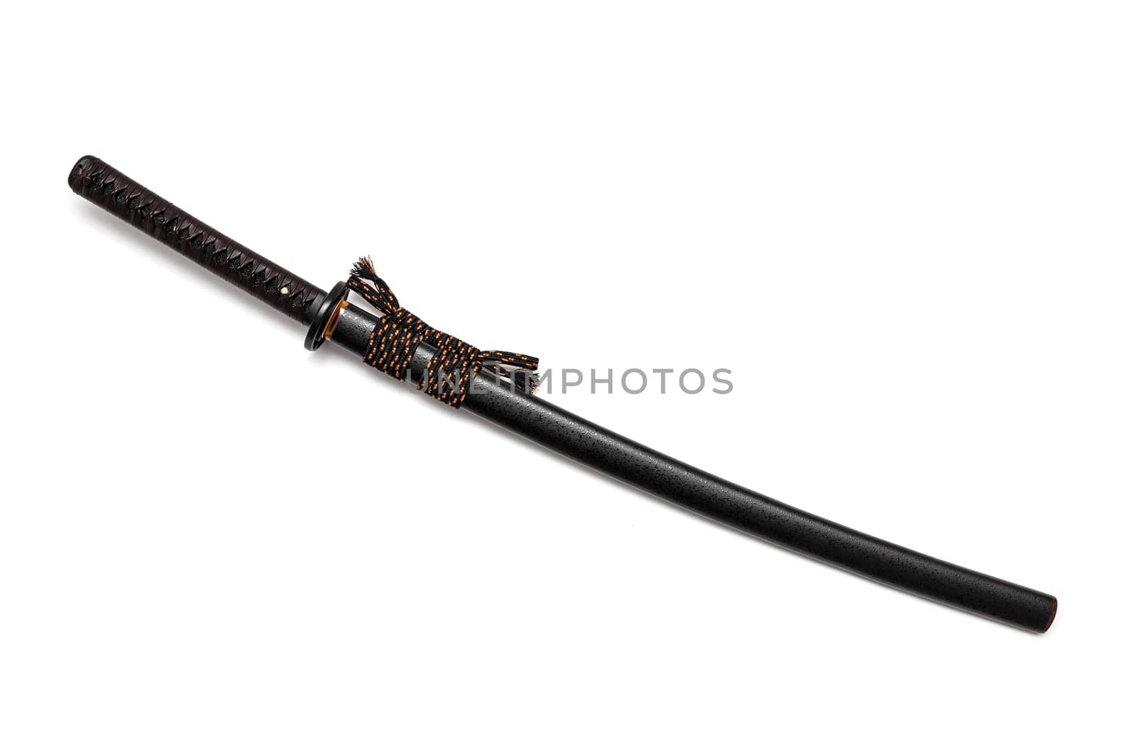 Brown leather cord tie on grip Japanese sword and black scabbard with steel fitting isolated in white background.