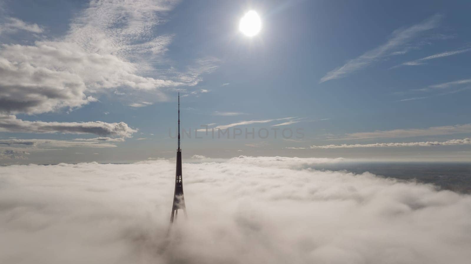 Riga Latvia Tv Tower Zakusala smoke clouds Europe biggest Aerial drone top view