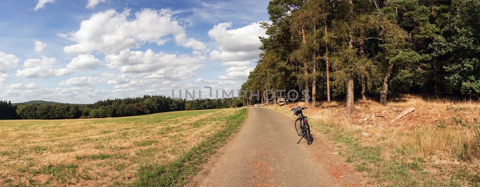 Lone bicycle parked on a rural road overlooking open fields and dense woodland or forests in a panorama landscape