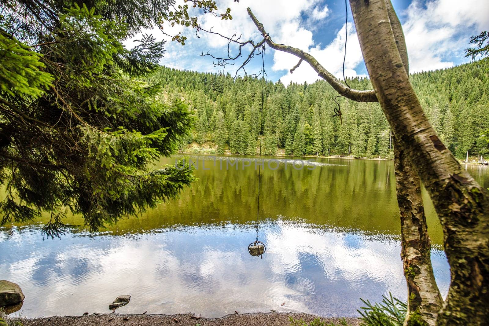 Tranquil mountain lake with reflections of the surrounding green forests viewed from a rocky shoreline on a sunny cloudy day