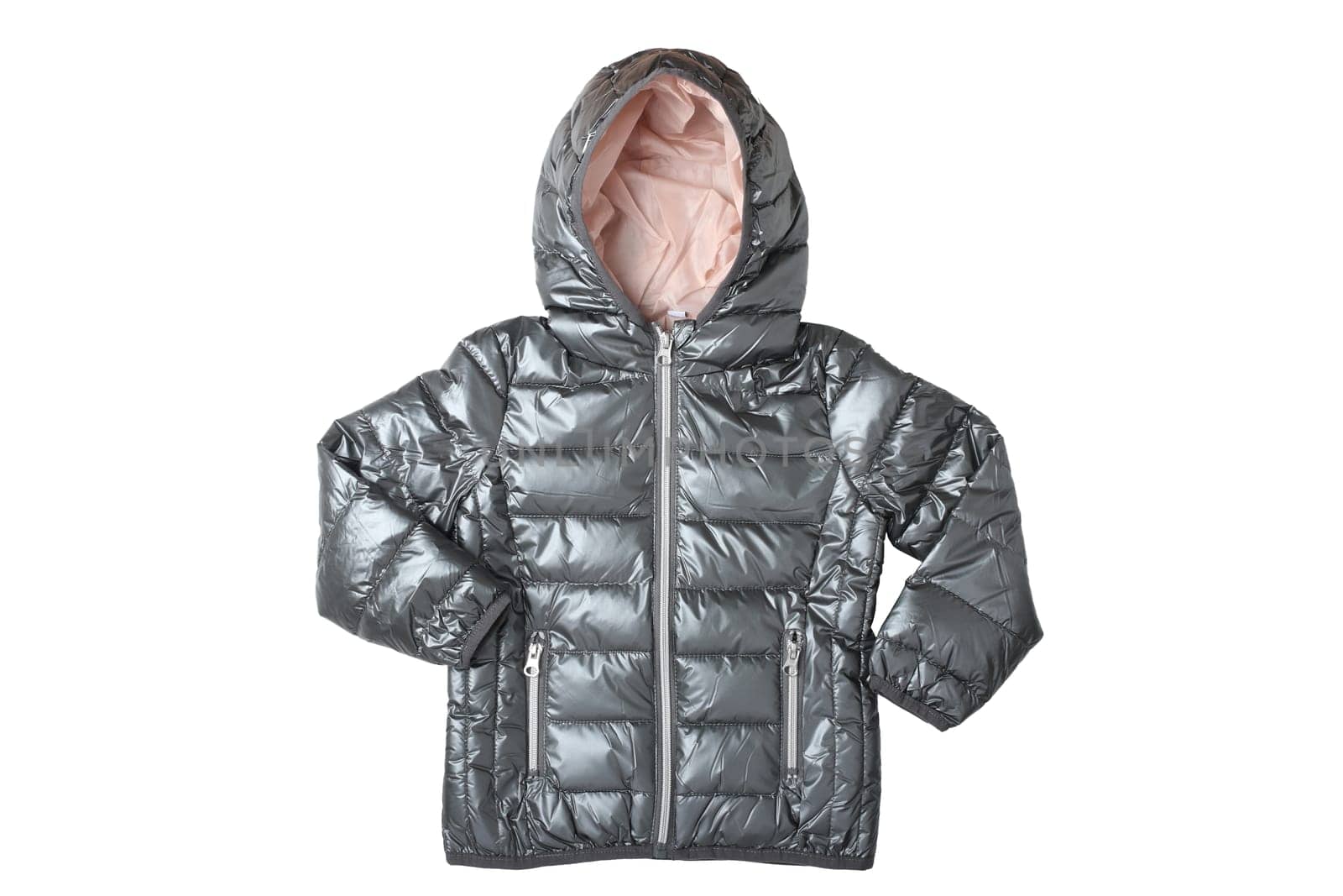 Children’s jacket isolated. Fashionable silver gray warm down jacket isolated on a white background. Childrens wear.
