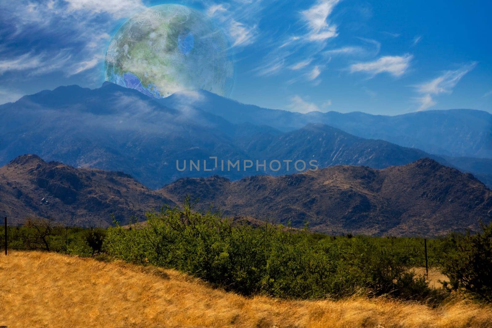Mountain Vista. Terraformed moon seen from the Earth. 3D rendering