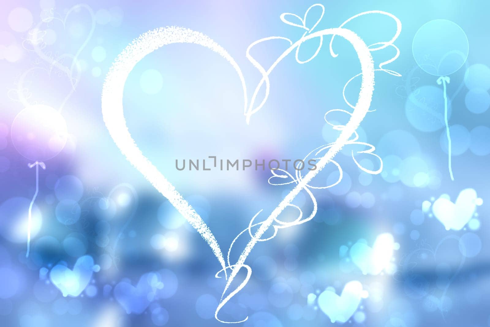 Abstract festive blur bright blue pastel background with white hearts love bokeh for wedding card or Valentine‘s day.  Romantic textured backdrop with space for your design. Card concept.