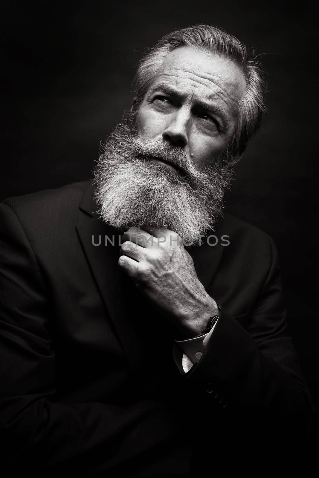 close up of senior man with grey hair and full beard, wearing suit on dark background