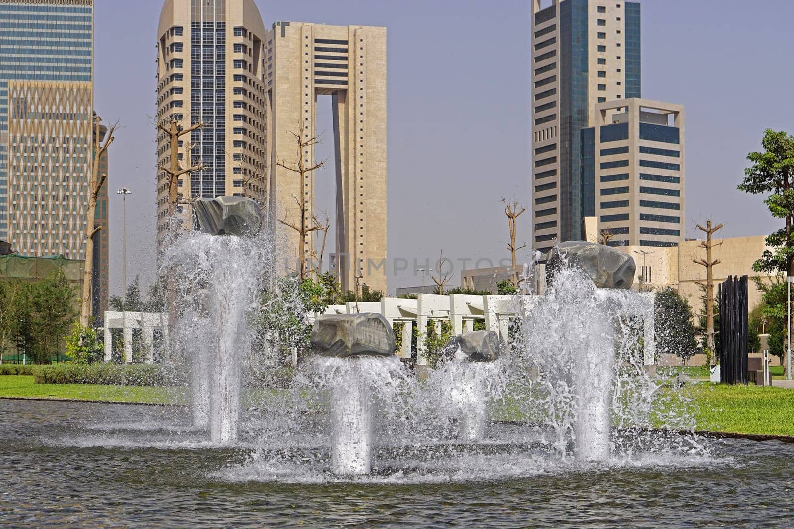 Decorative water fountain and skyscrapers in Kuwait