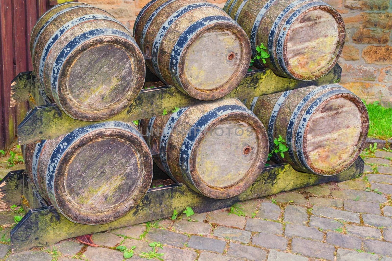 Oak barrel or wine barrel used to store beer and wine in a brewery.