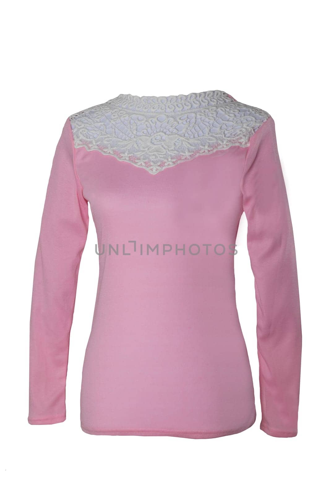 Pink fashion blouse. A pink autumn or spring blouse for women with white lace on a mannequin isolated on white background. Women‘s fashion.