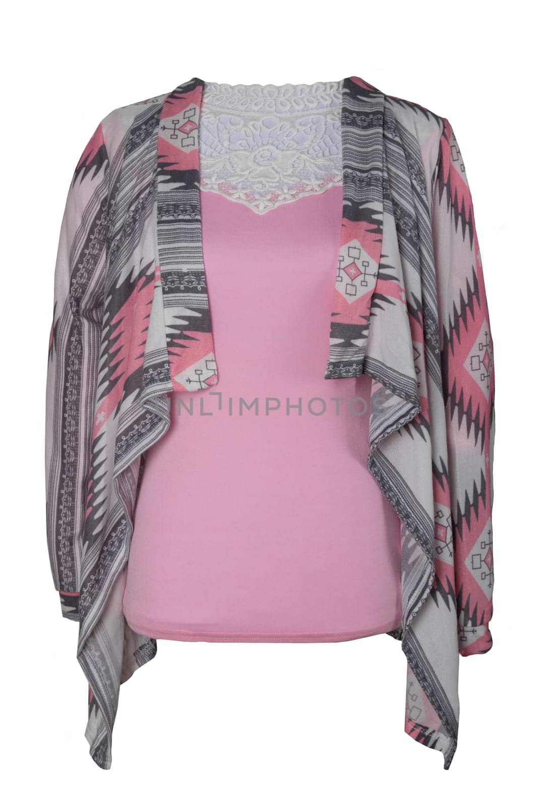 Fashionable autumn or spring clothes isolated on a white background. A female pink blouse with lace and an open colorful jacket on mannequin. Women fashion.