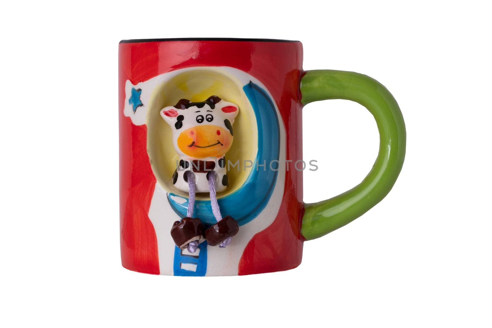 Funny cow as part of a milk cup isolated on a white background. Concept health.