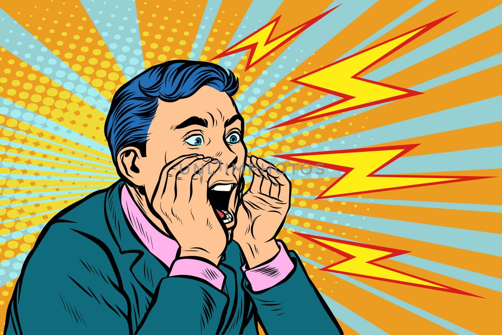 Man screaming calling, pop art retro vector illustration kitsch vintage