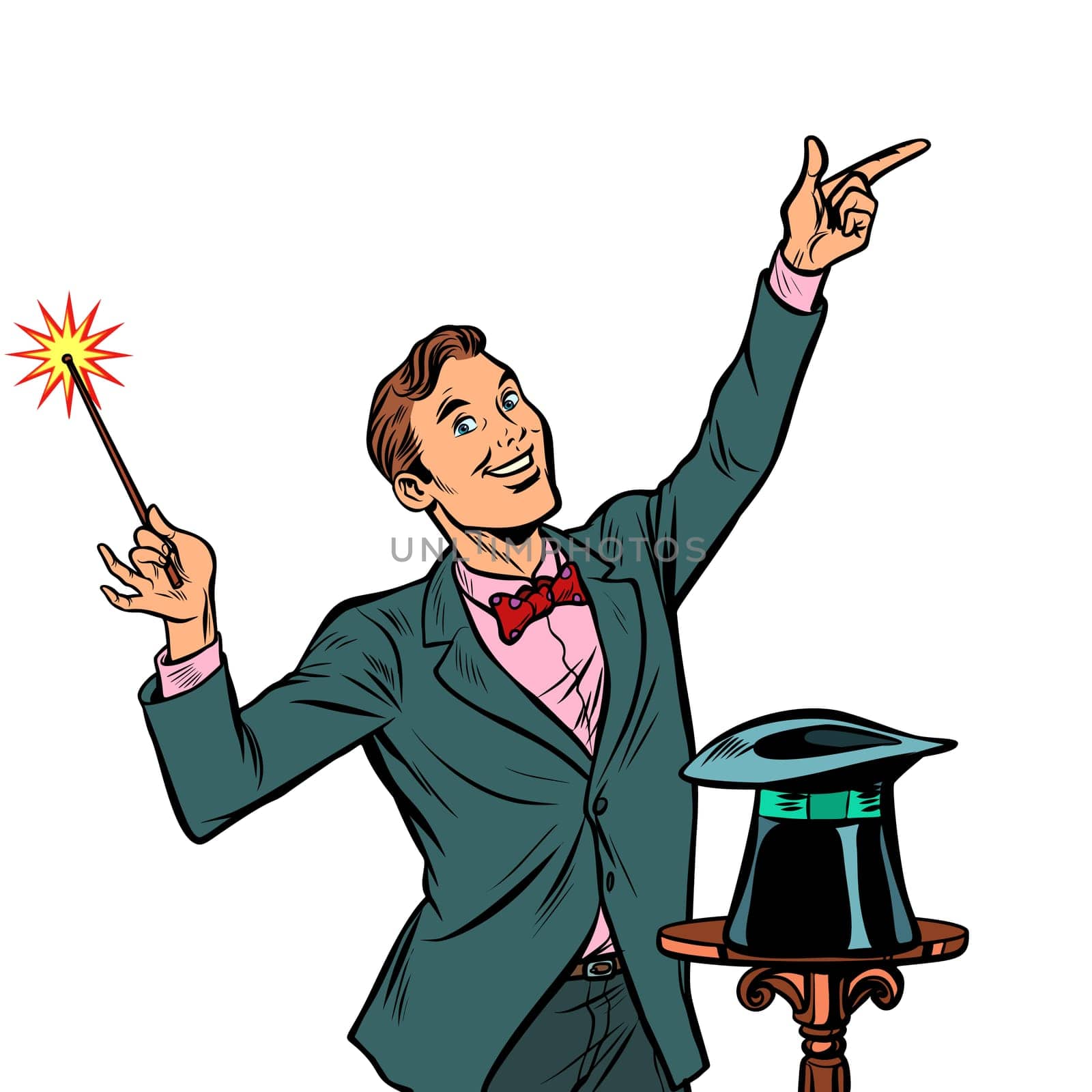 Magician, amazing performance. Circus performer. Trick. Isolate on white background. Pop art retro vector illustration vintage kitsch
