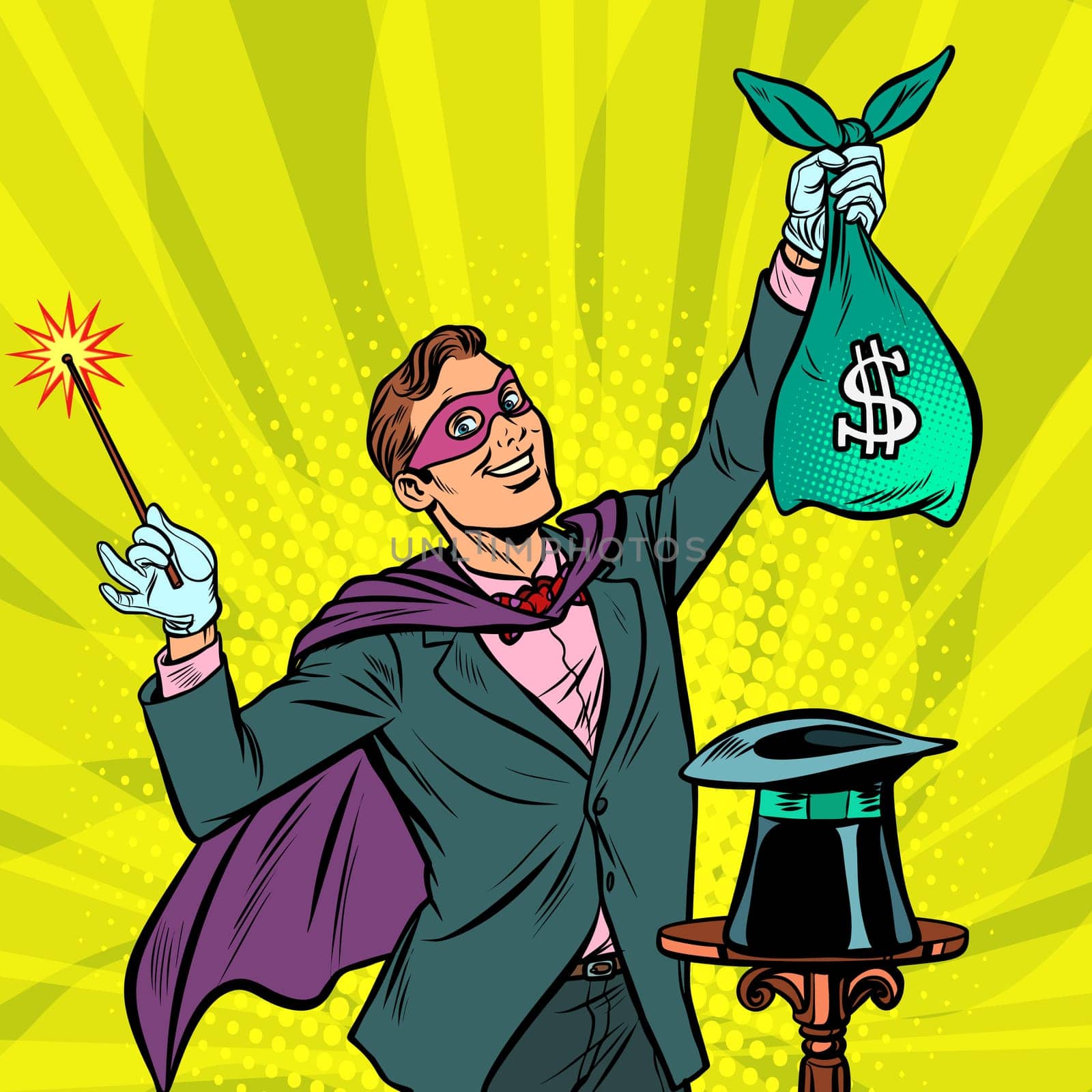 Magician with dollar money. Pop art retro vector illustration vintage kitsch