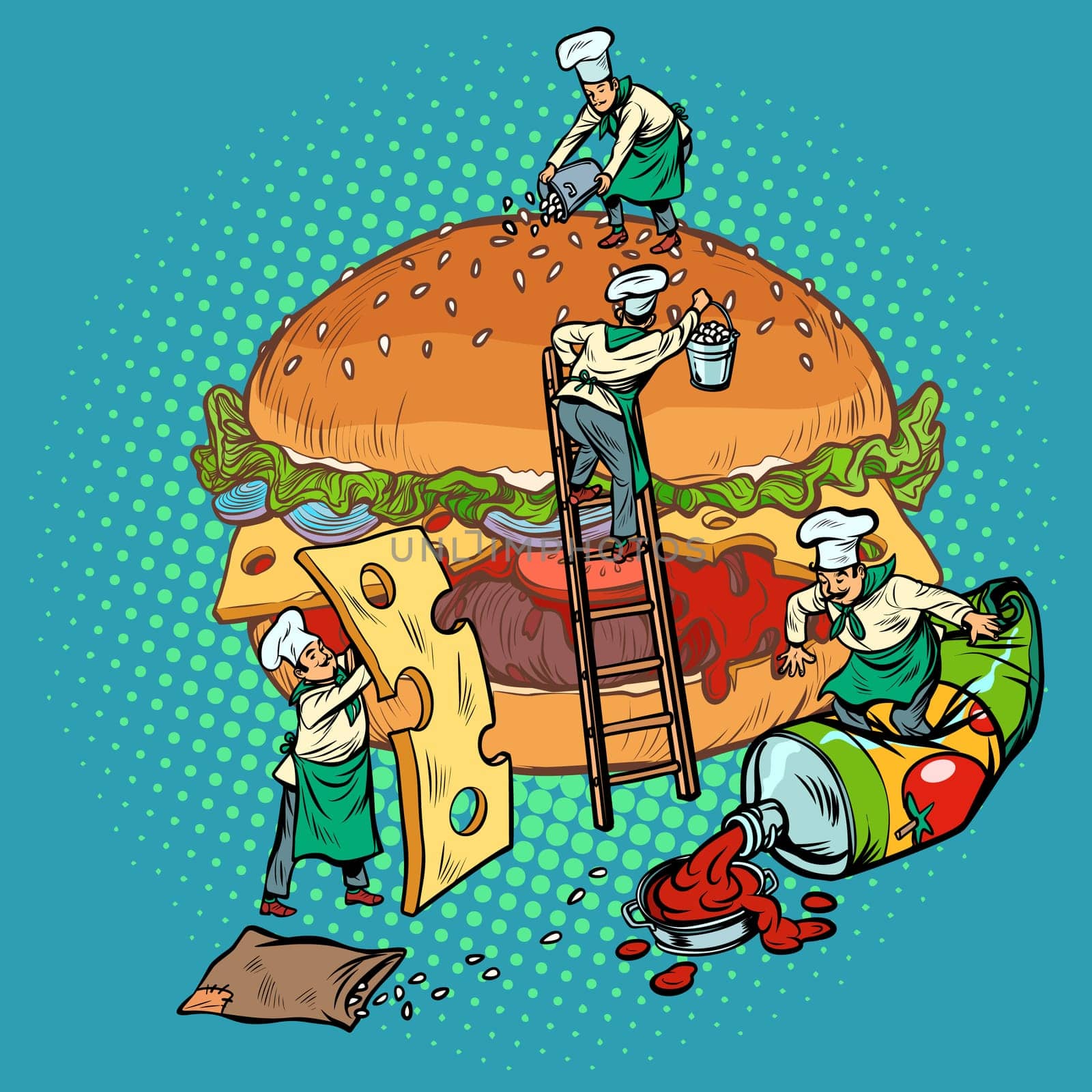 cooking burger, mini chefs gather ingredients. Pop art retro vector illustration vintage kitsch