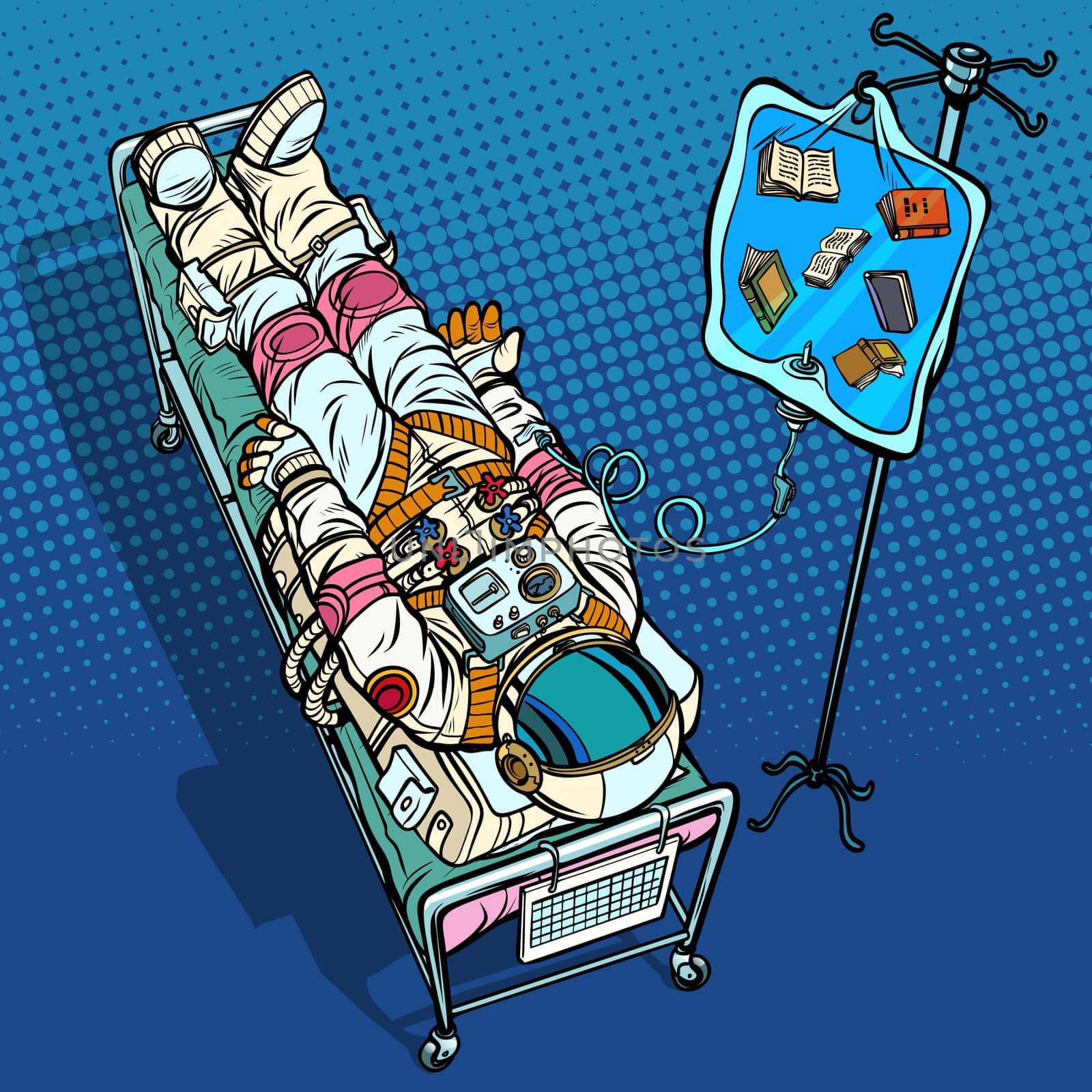 Books, science and knowledge. Cosmonaut under medical dropper. Pop art retro vector illustration vintage kitsch