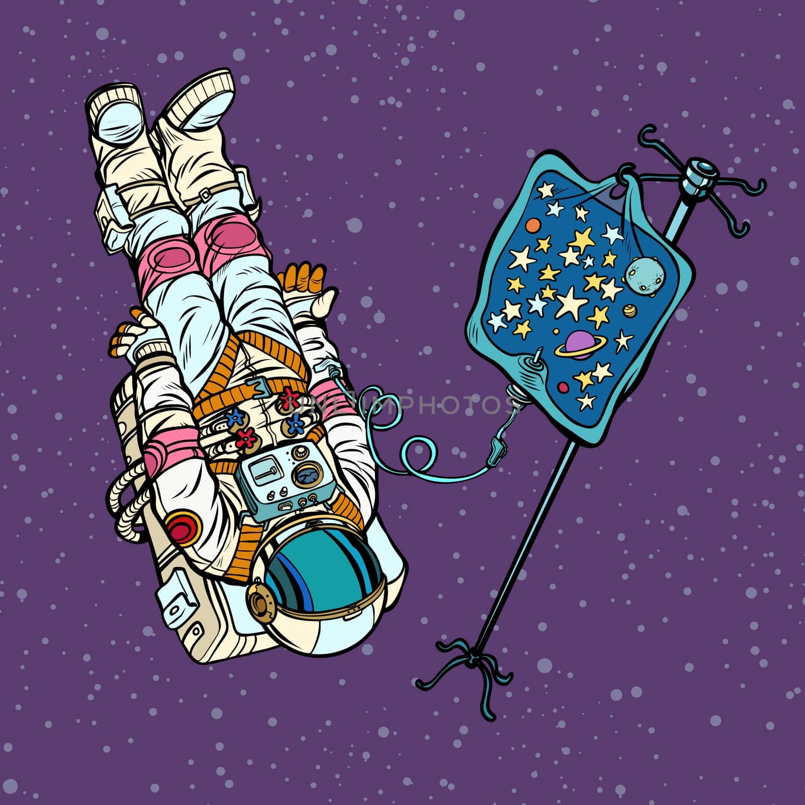 Star fever. Astronaut under medical dropper. Connected to the universe. Pop art retro vector illustration vintage kitsch