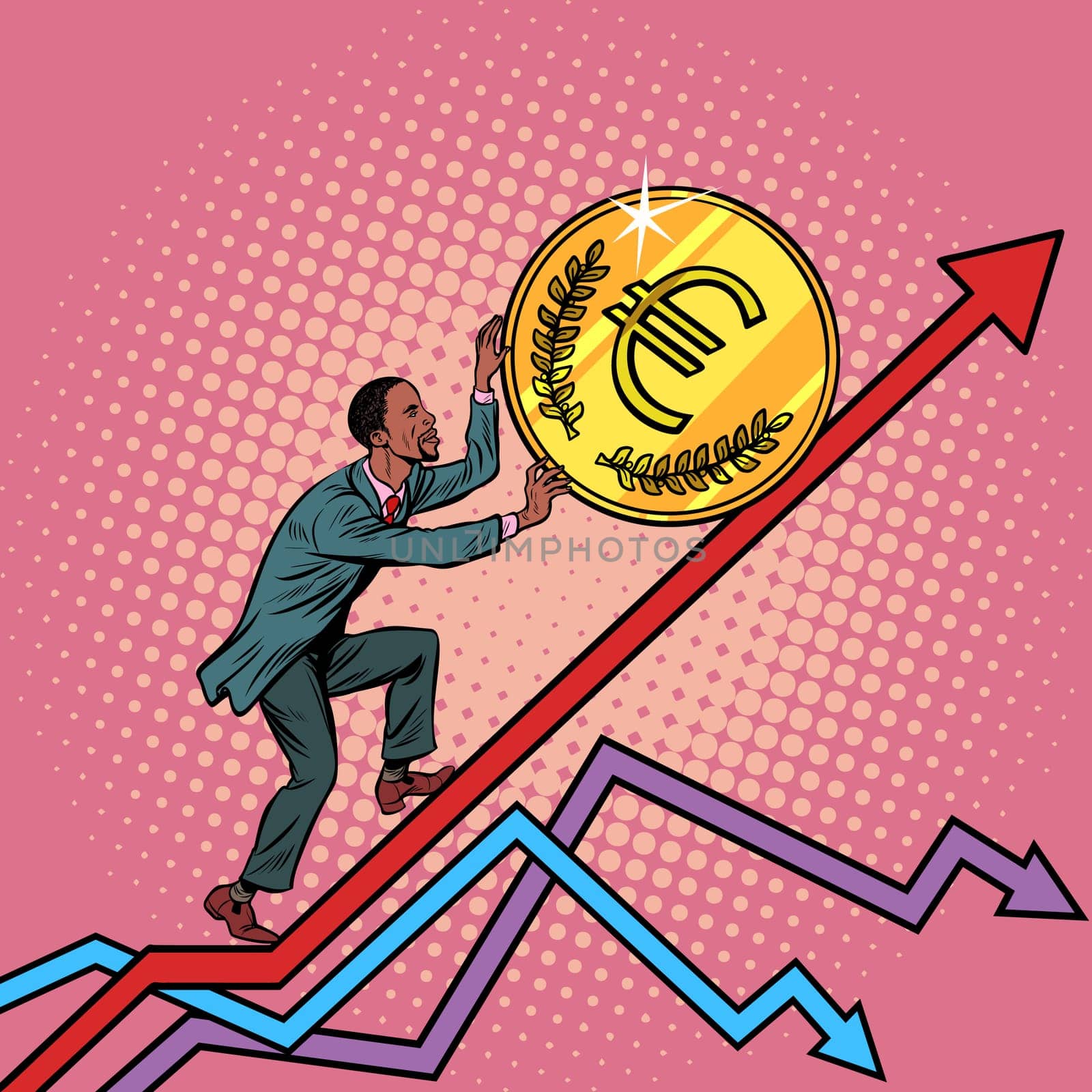 African American man roll a euro coin up. Pop art retro vector illustration vintage kitsch