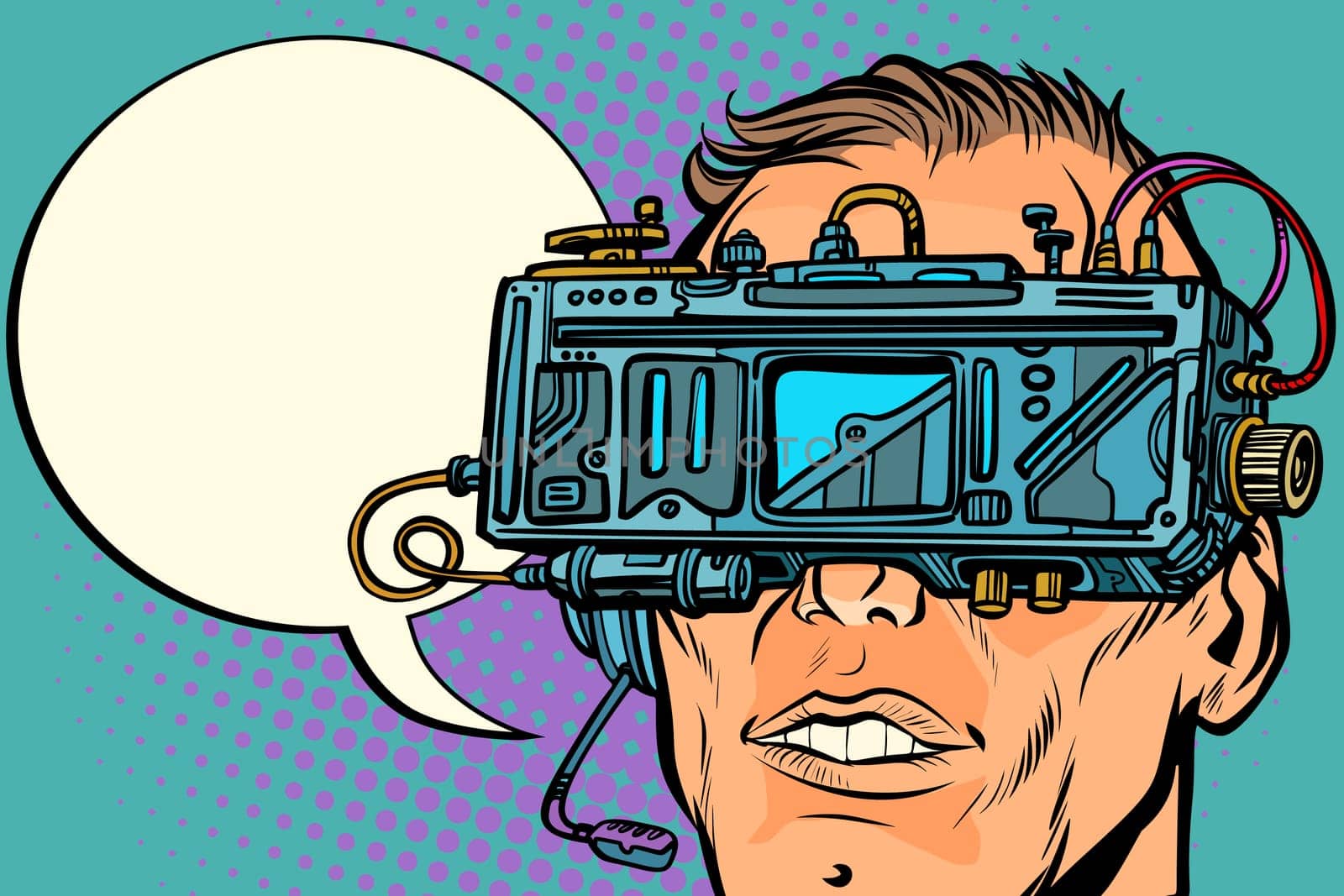 man face with glasses virtual reality. Pop art retro vector illustration vintage kitsch