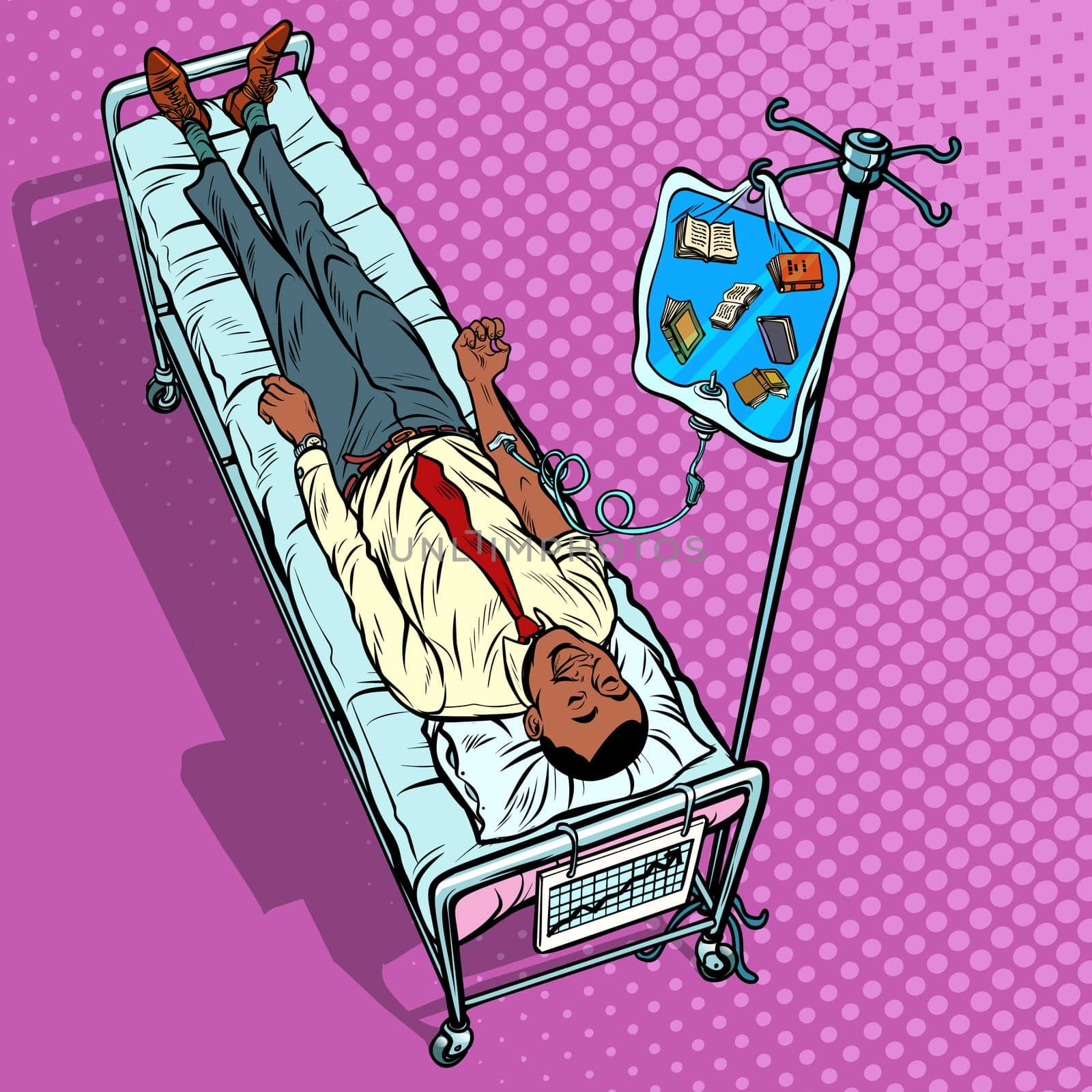 Books, science and knowledge. African man under medical dropper. Pop art retro vector illustration vintage kitsch