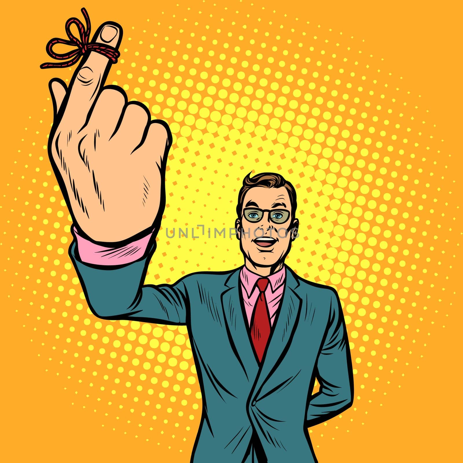 man thumbs up, a string lace up, memory. Pop art retro vector illustration vintage kitsch