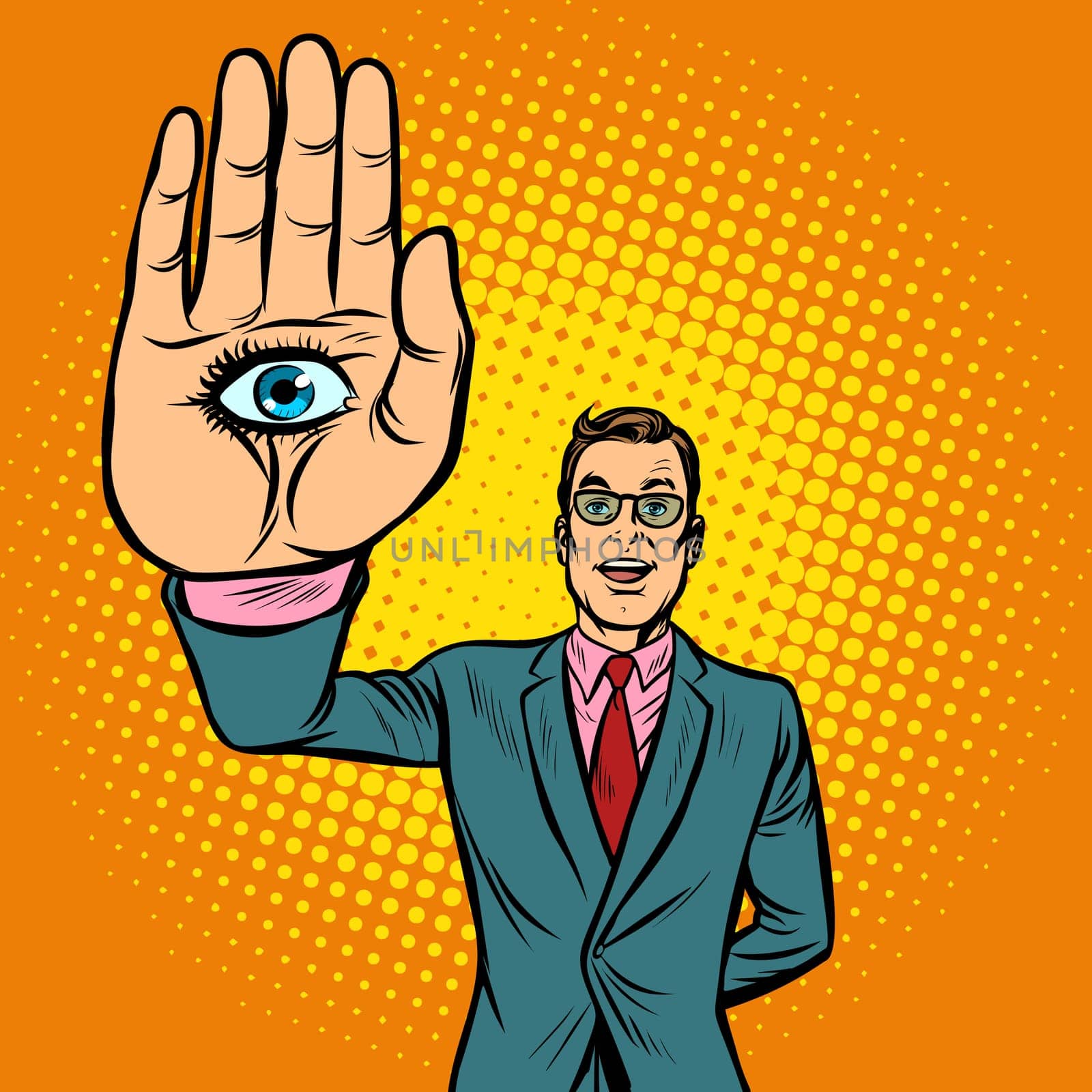 man eye palm, spiritism occult. Pop art retro vector illustration vintage kitsch