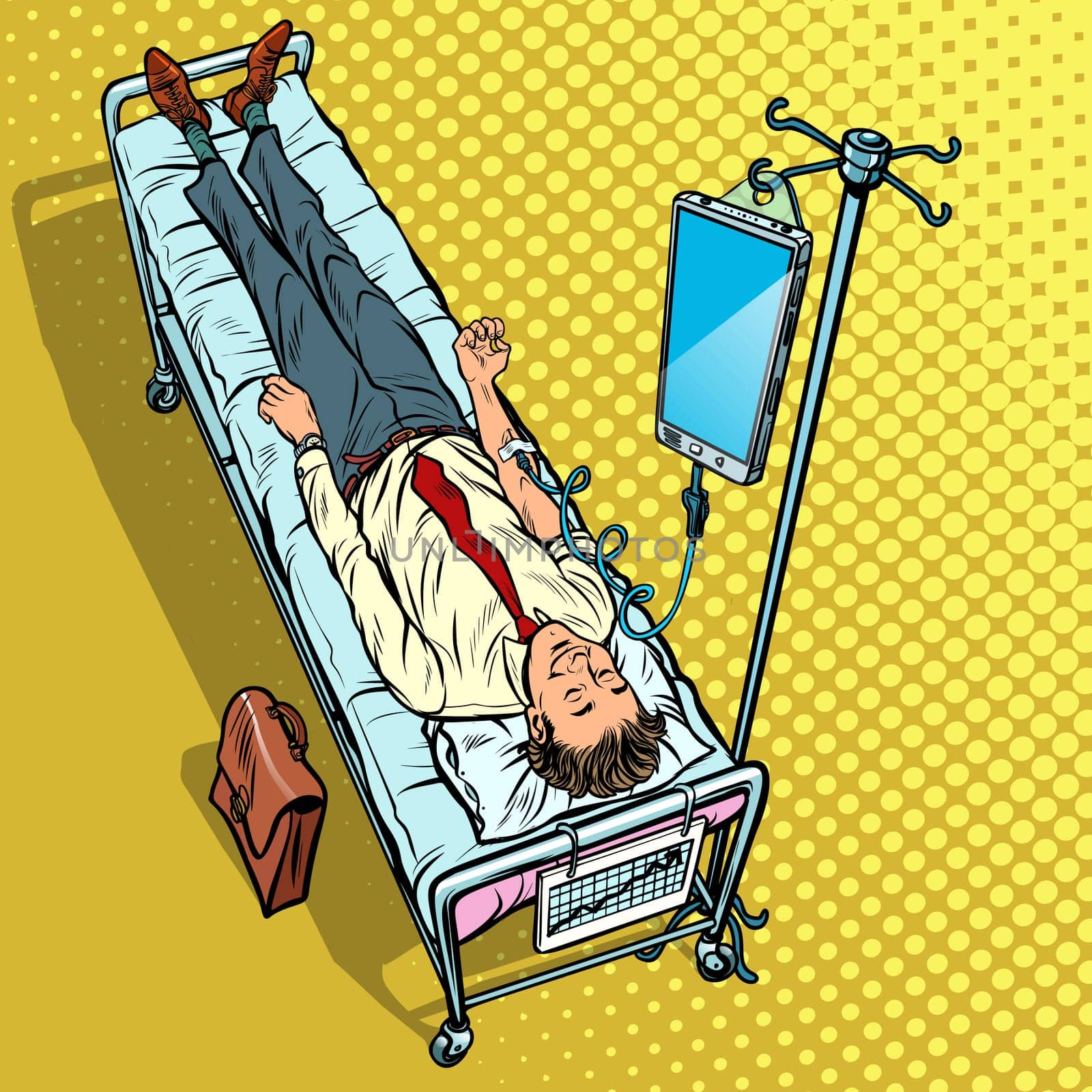 Dependency on gadgets concept. Man under medical dropper. Pop art retro vector illustration vintage kitsch