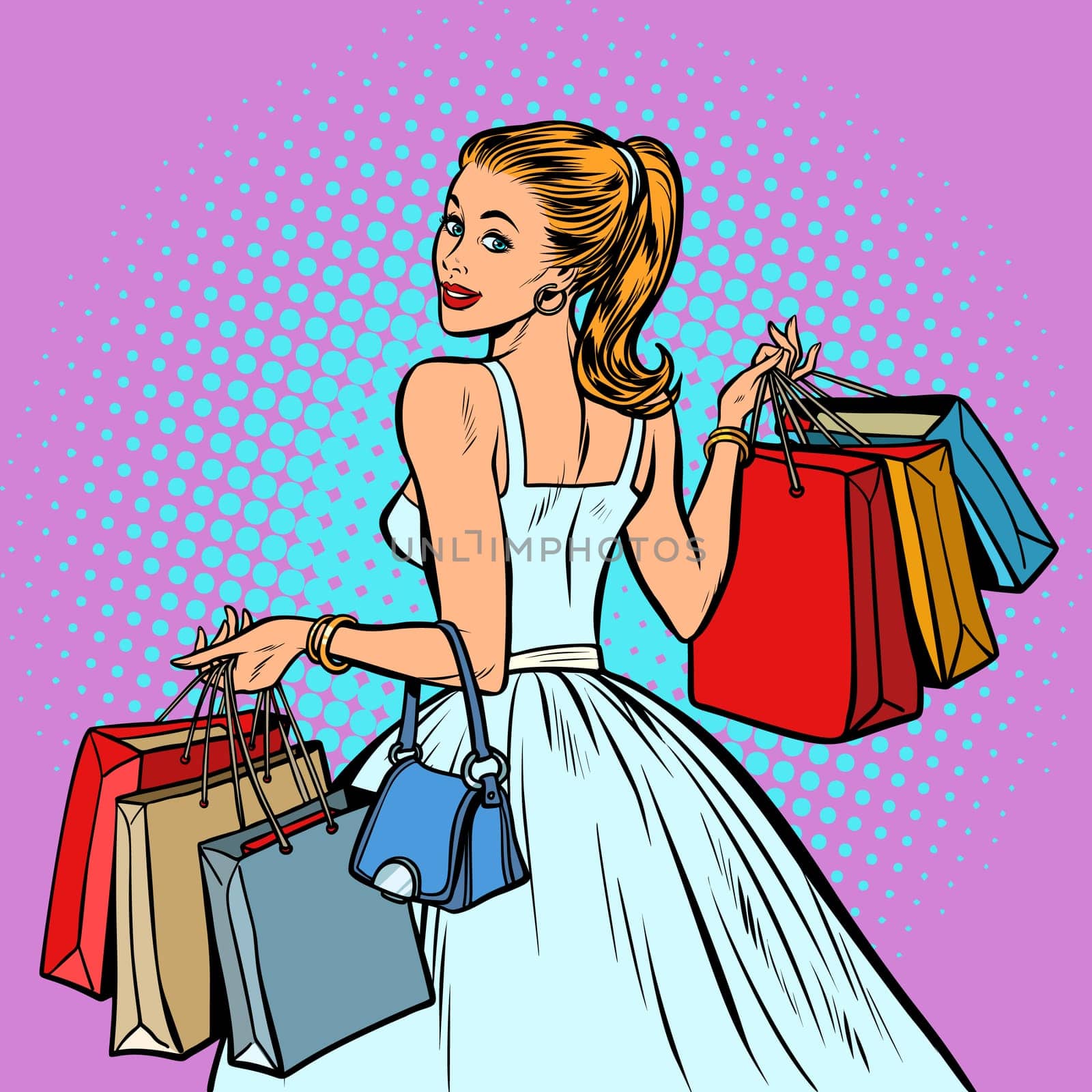 bride shopping, woman with bags. Pop art retro vector illustration vintage kitsch