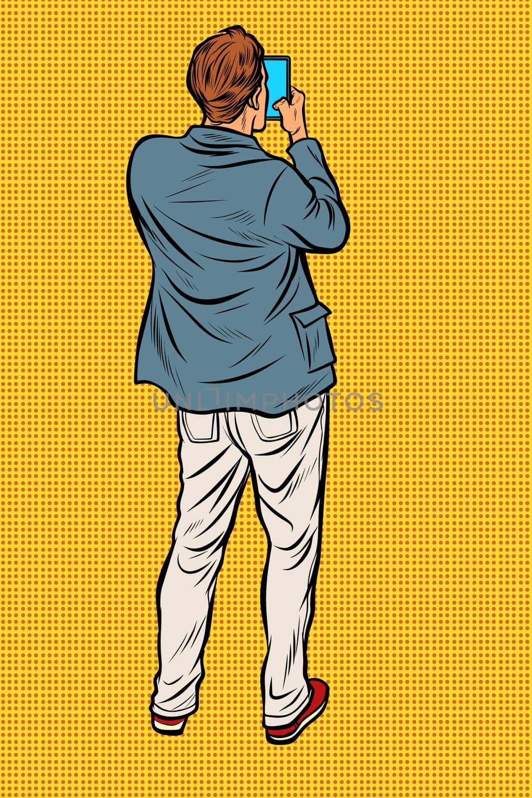 Man with smartphone back. Pop art retro vector illustration vintage kitsch
