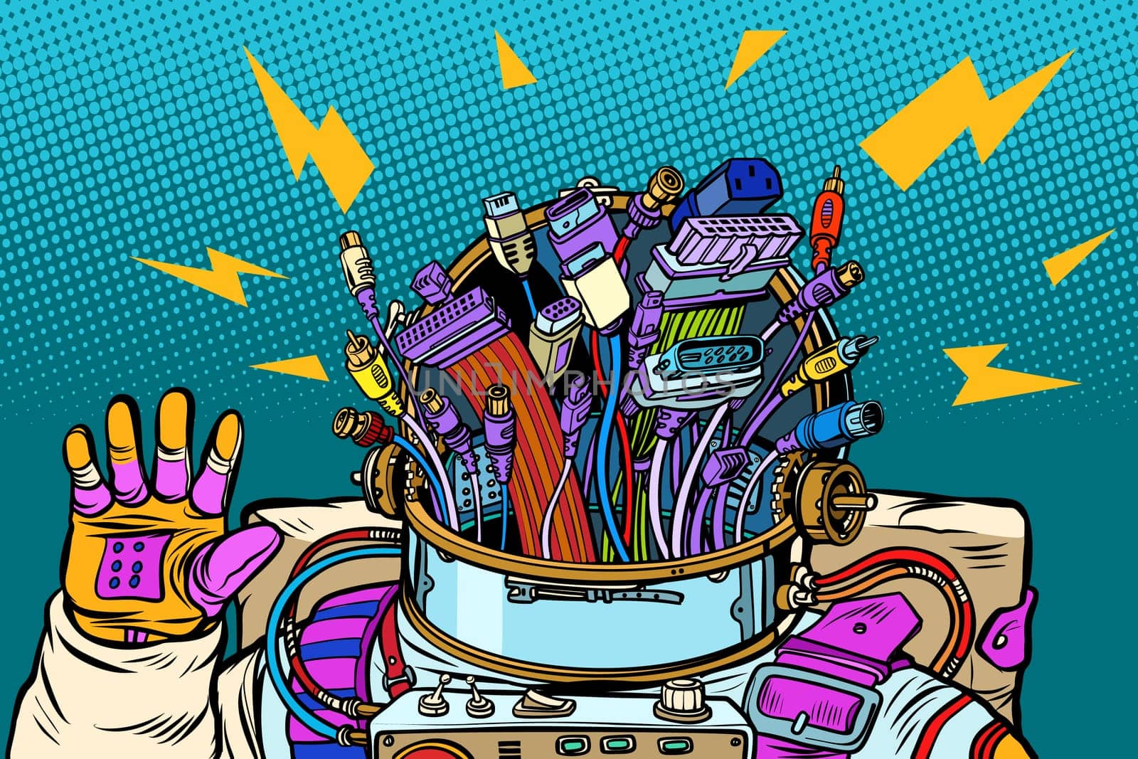 chaos of adapter cables, cyber astronaut from the future. Pop art retro vector illustration vintage kitsch