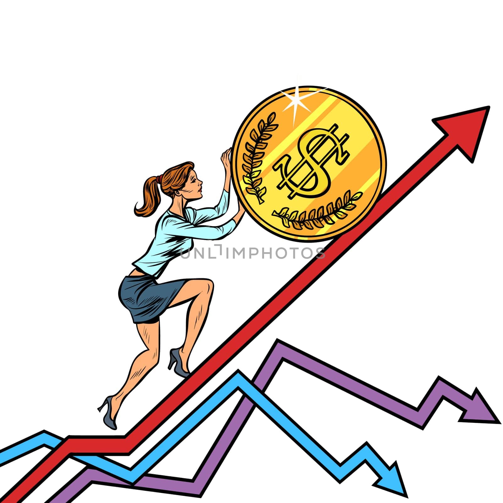 woman businesswoman roll a USA dollar coin up. isolate on white background. Pop art retro vector illustration vintage kitsch