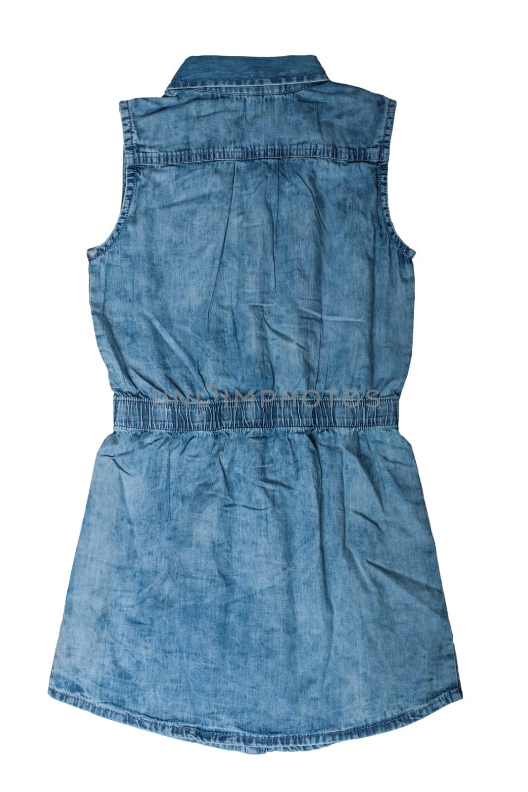 Children clothes. Sleeveless blue jeans dress for child girl isolated on a white background. Jeans fashion. Back site.