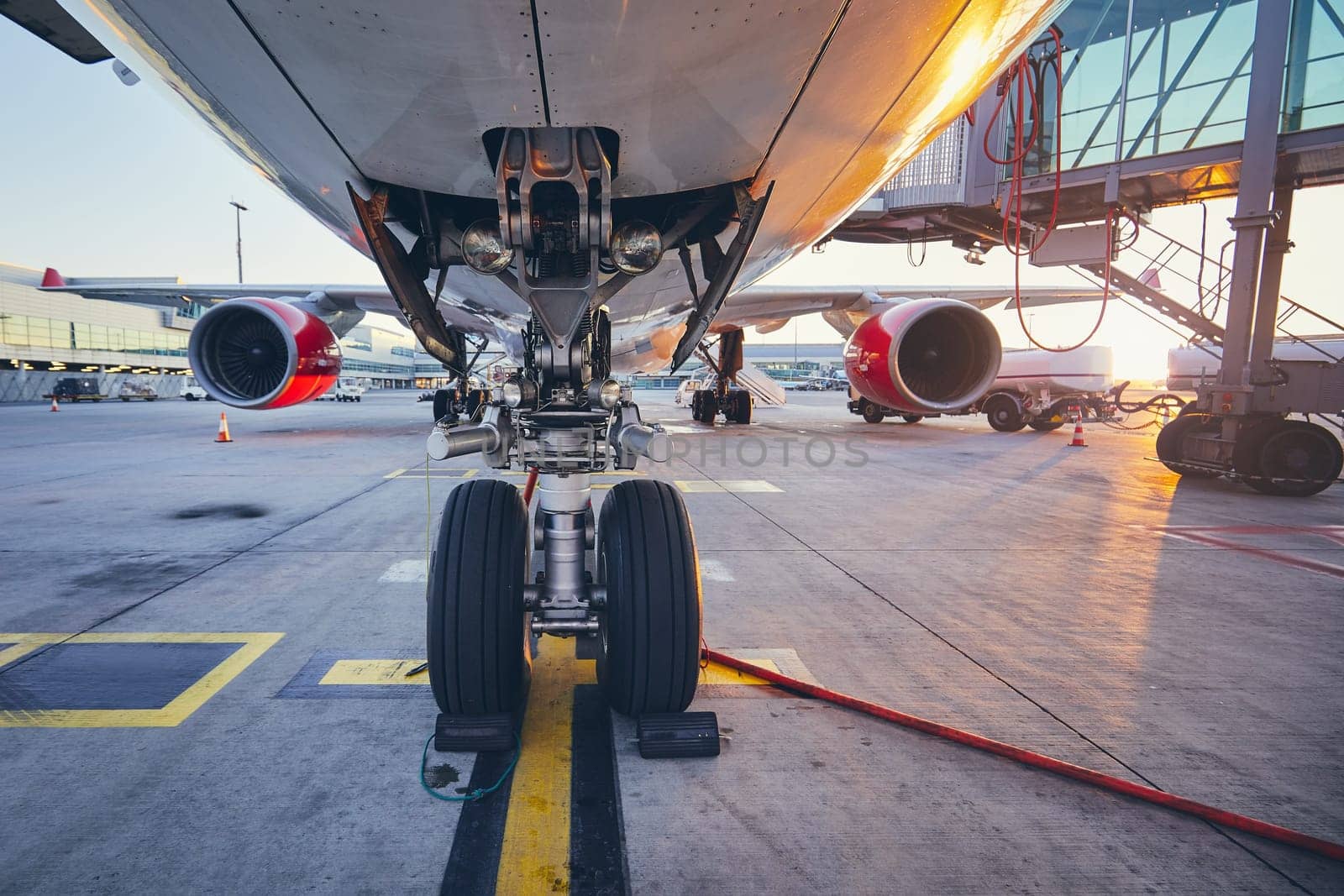 Airport at sunset. Preparation of the airplane before flight.