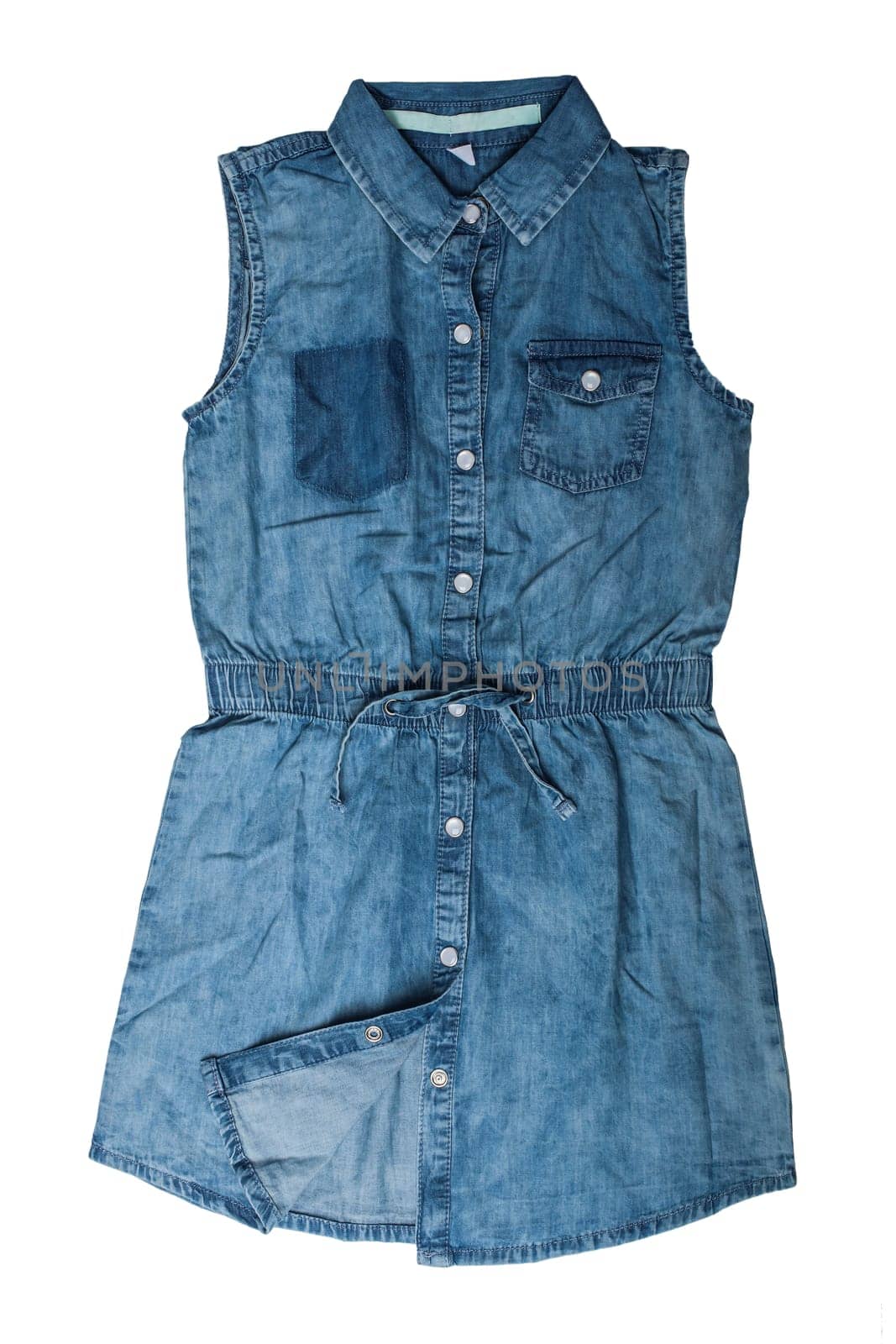 Children clothes. Sleeveless blue jeans dress for child girl isolated on a white background. Jeans fashion.
