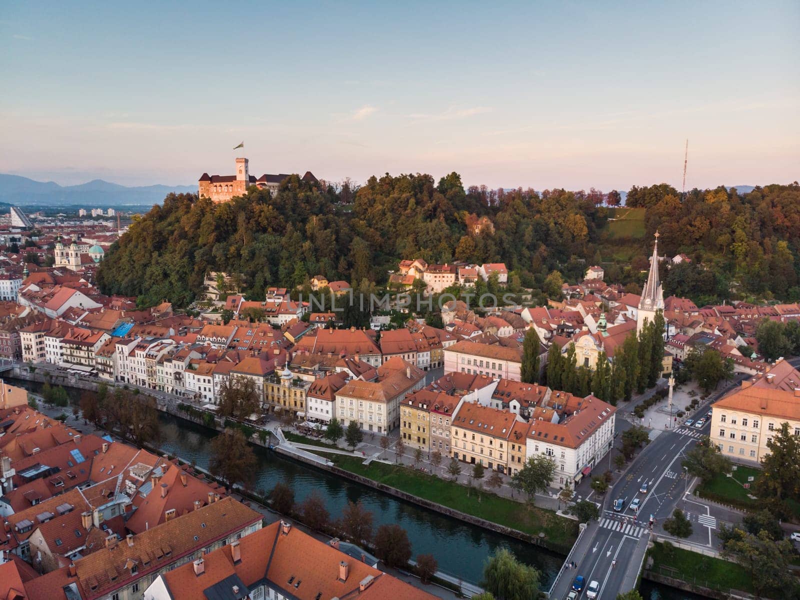 Aerial panoramic view of Ljubljana, capital of Slovenia at sunset.