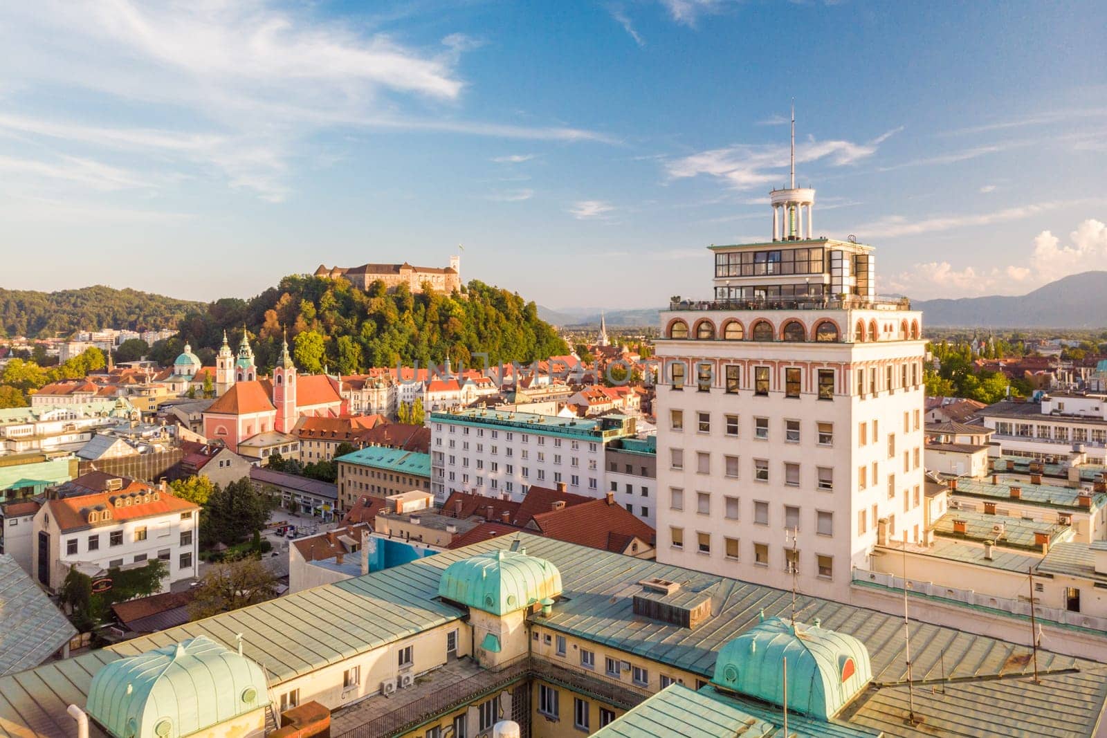 Aerial panoramic view of Ljubljana, capital of Slovenia at sunset.