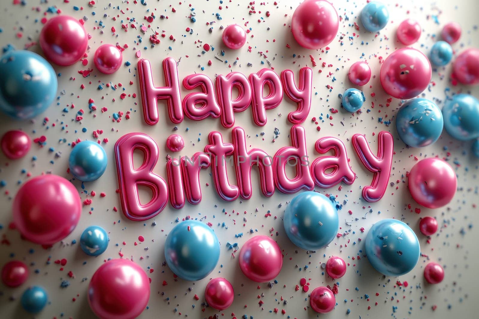 Vibrant decorations adorn a wall, featuring bold pink lettering that says happy birthday surrounded by an array of colorful balloons and festive confetti in blue and pink hues. The atmosphere is cheerful.