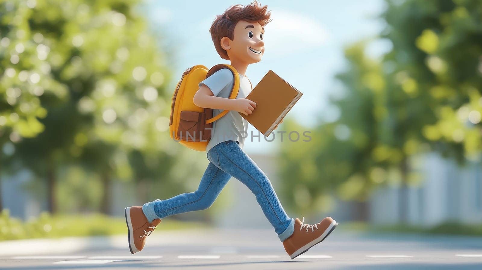 A cheerful young boy with brown hair is walking briskly down a sunny street, carrying a brown book under his arm. He wears a yellow backpack and blue jeans, with trees providing a vibrant background.