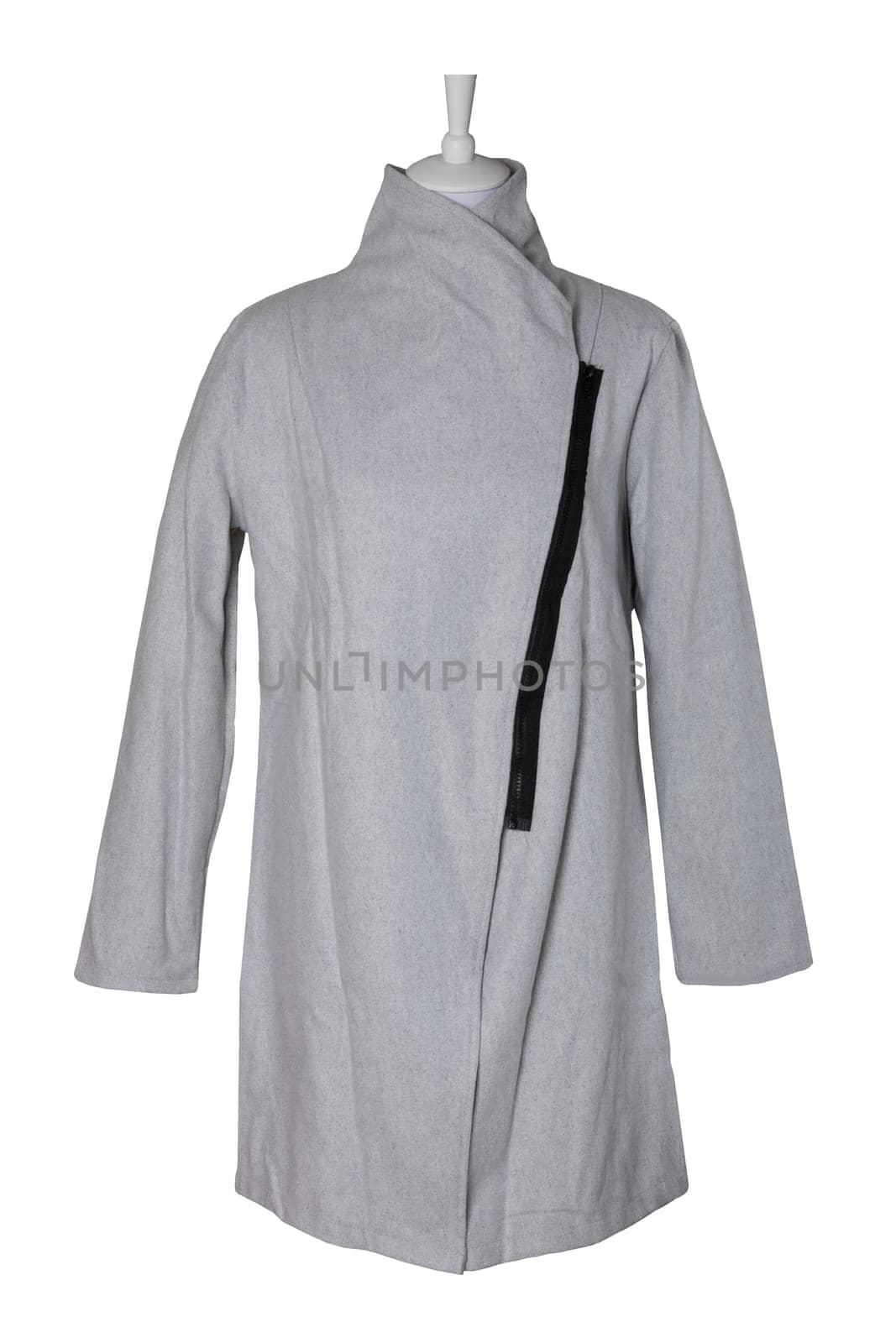 Woman clothes. Stylish gray long winter coat on mannequin isolated on a white background. Women winter fashion.