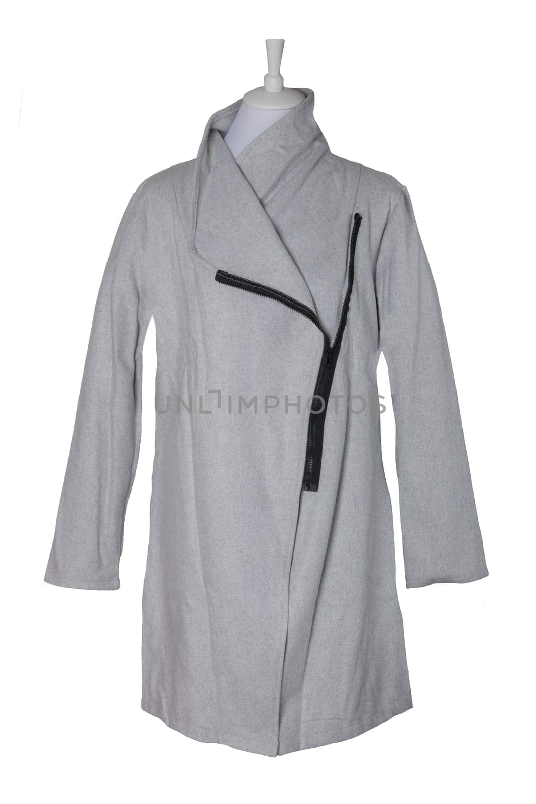 Woman clothes. Stylish gray long winter coat on mannequin isolated on a white background. Women winter fashion.