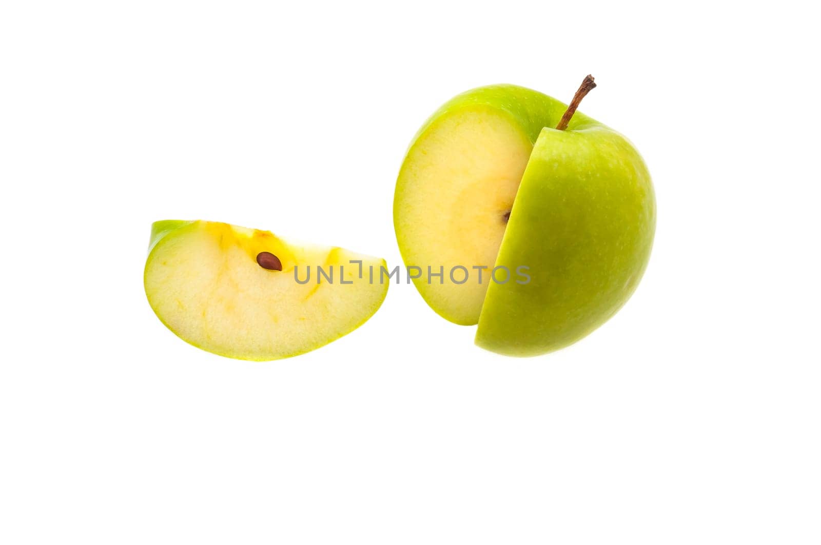A single slice of a large green apple was cut off. On a white background. Isolated.