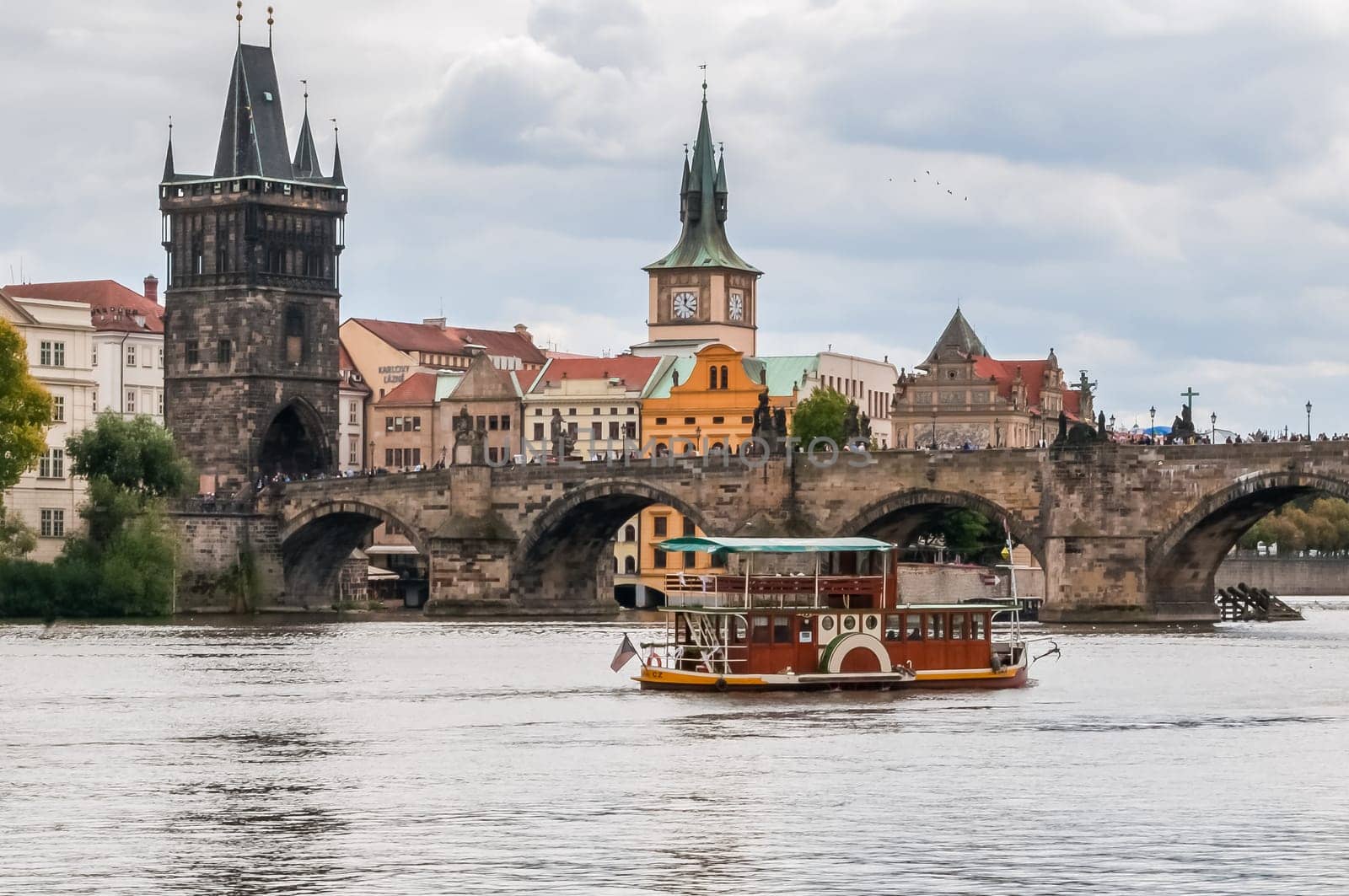 Prague, Charles Bridge, ship on the river