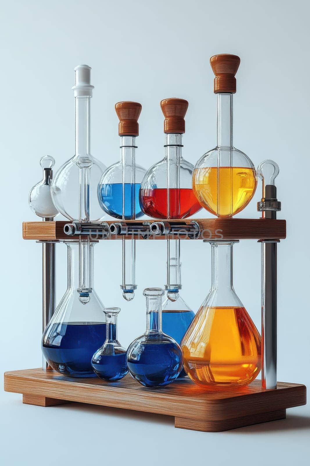 A collection of laboratory glassware featuring flasks and beakers filled with vibrant blue, red, yellow, and orange liquids is arranged neatly on a wooden stand.