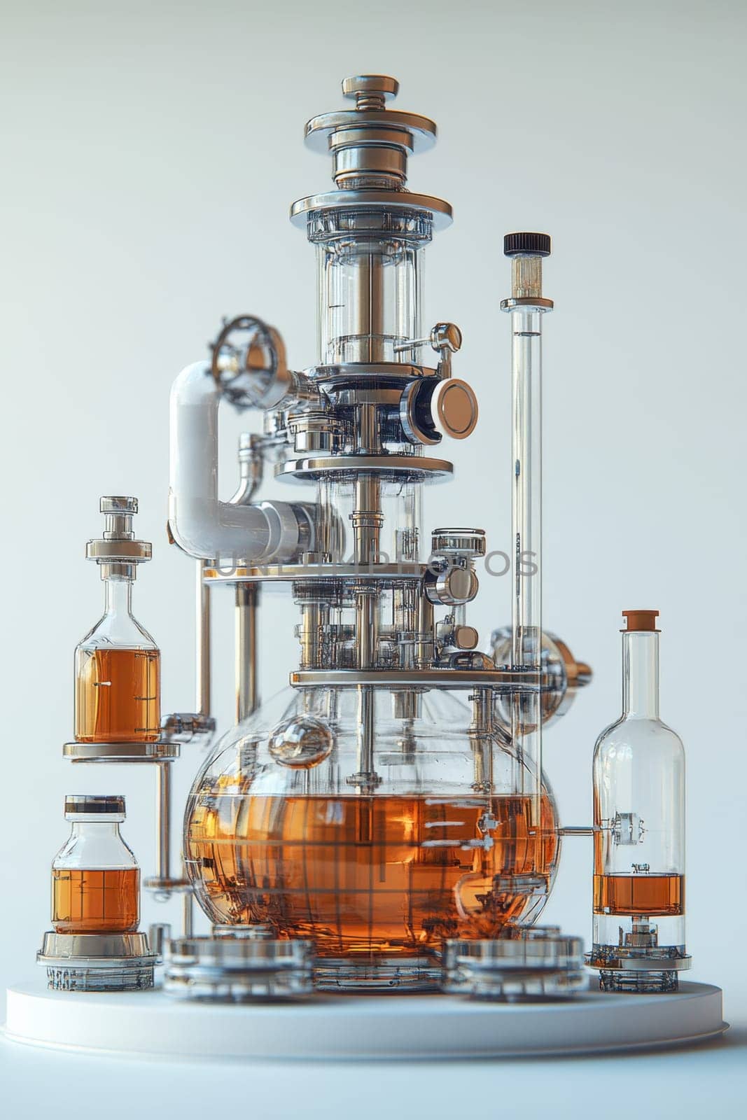 A sophisticated laboratory setup presents a distillation apparatus composed of glass and metal components, featuring amber liquid. This setup emphasizes the intricate design and functionality for chemical processes in a well-lit environment.