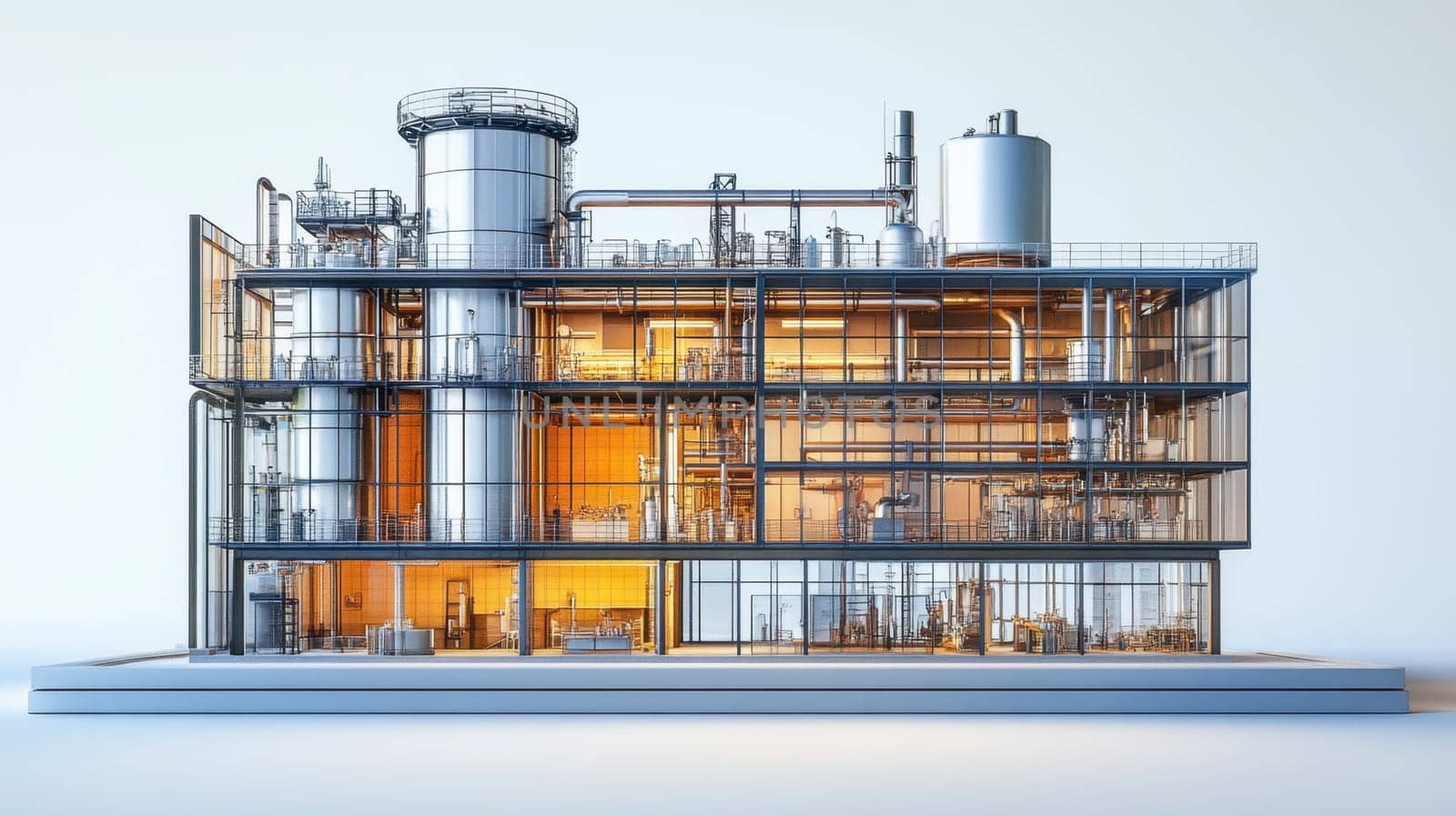 A detailed model of an industrial facility displays intricate machinery and various processing units. Transparent walls reveal the inner workings, while the illuminated interiors enhance the modern design.