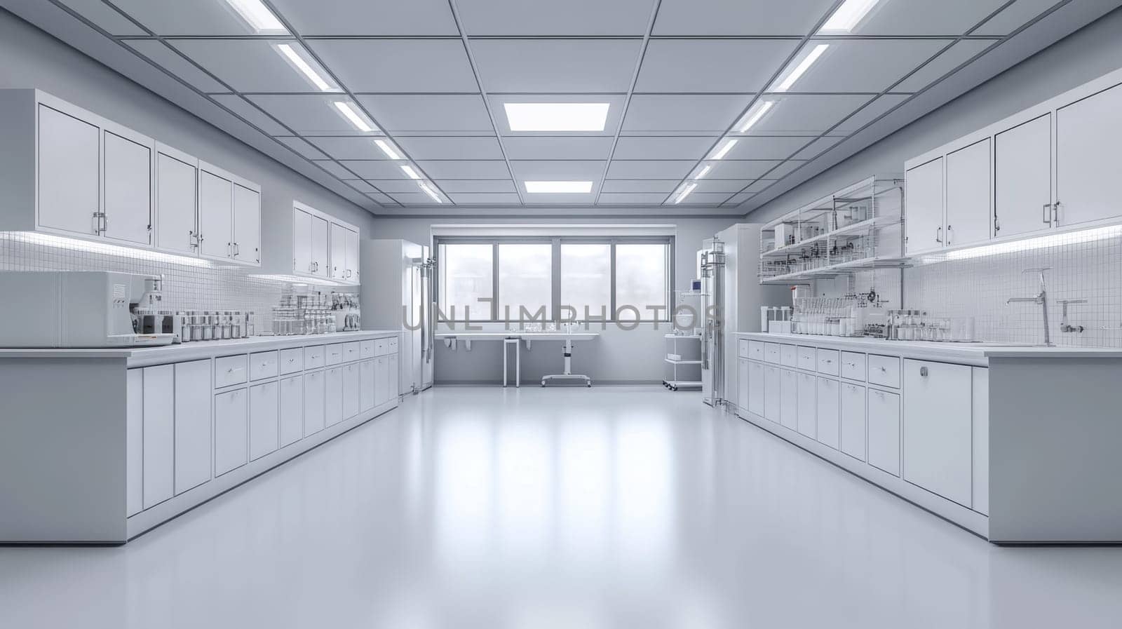 A spacious laboratory features white cabinetry and stainless steel surfaces, creating a clean and organized workspace. Large windows allow natural light, enhancing the environment for scientific research and experiments.