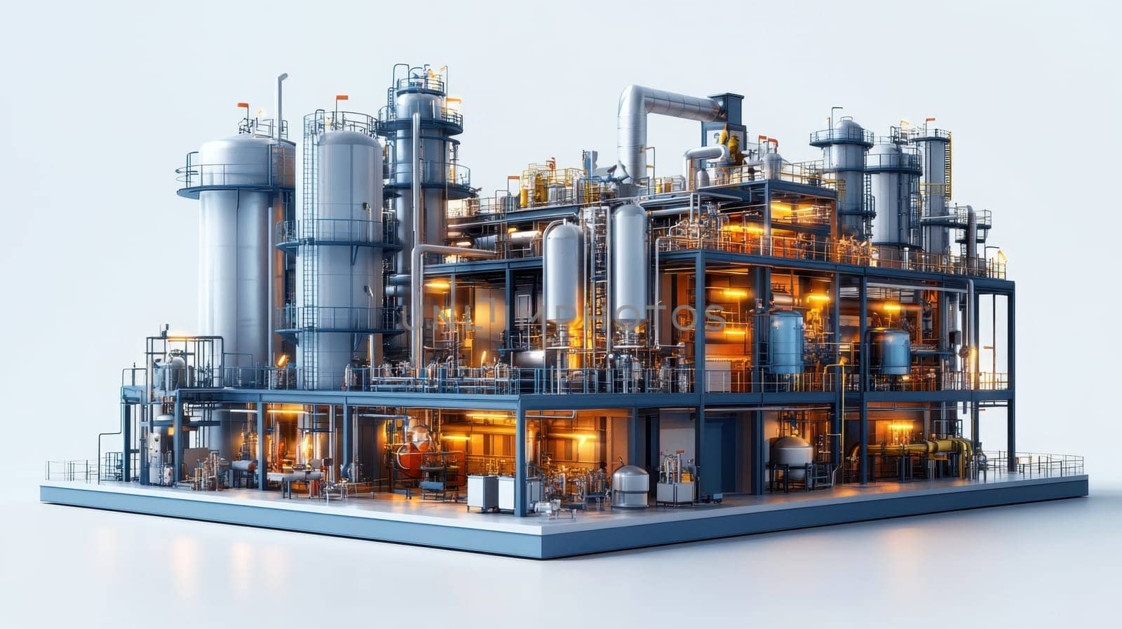 A large industrial complex features intricate machinery and multiple towering structures, all illuminated to highlight their technological sophistication. The setting emphasizes a modern manufacturing environment, likely operational during nighttime.