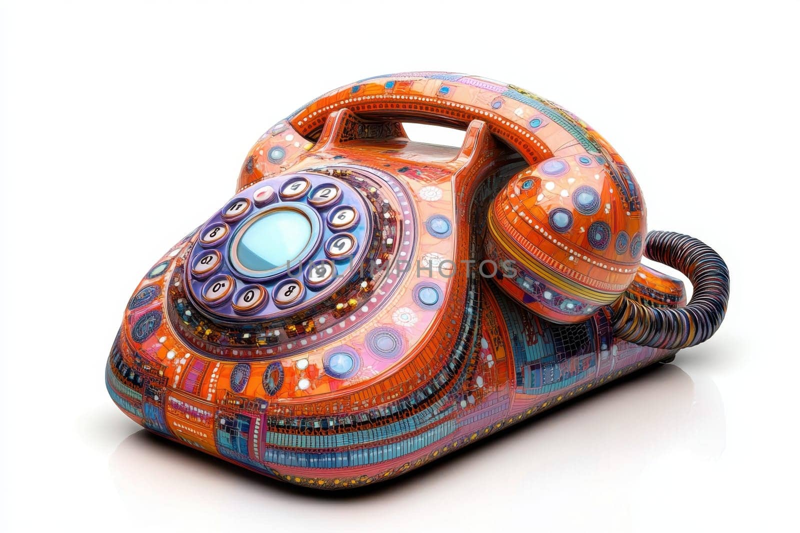 A vibrant rotary telephone showcases an array of detailed patterns and colors, combining retro style with contemporary art. This unique piece serves as a striking decoration in any room, bridging the gap between vintage and modern aesthetics.