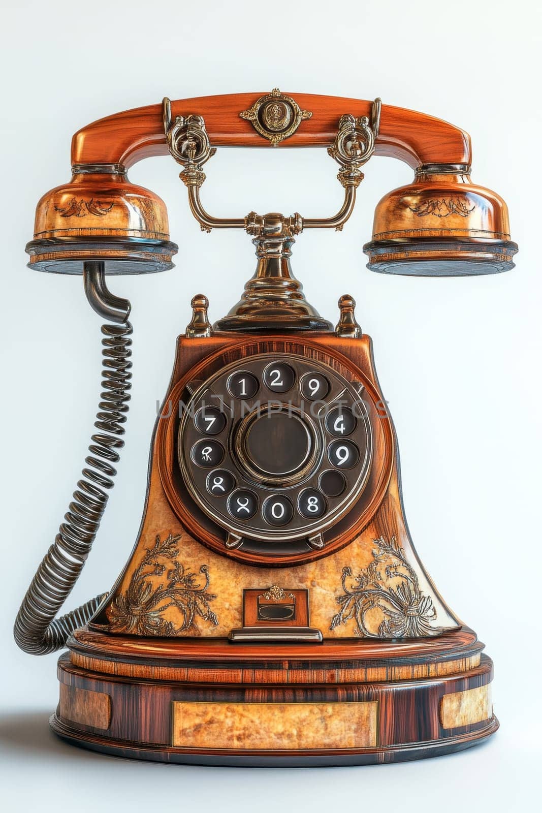 Vintage rotary telephone with a beautiful wooden body and detailed brass accents is placed against a light, neutral backdrop. The rotary dial is visible, exuding a sense of nostalgia and craftsmanship.