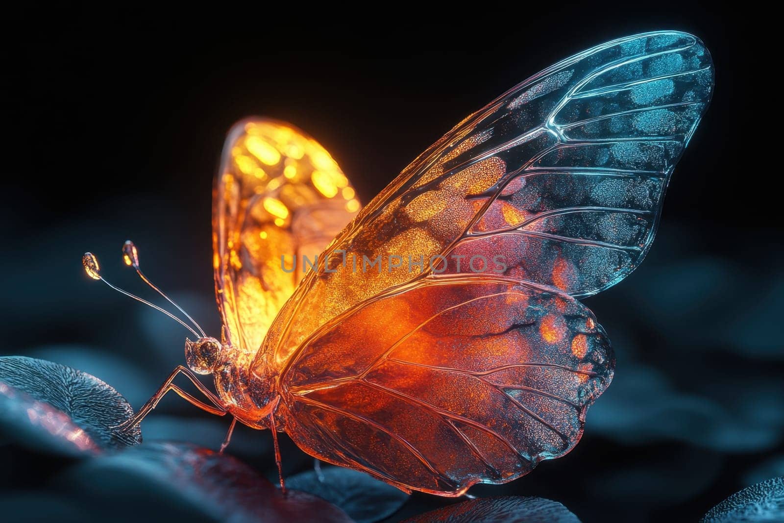 A beautifully vibrant butterfly with striking orange and translucent wings clings to green leaves in a serene garden at twilight. The warm light enhances its colors, creating a magical atmosphere amid the foliage.