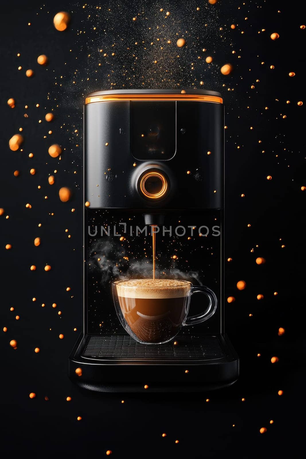 Hot coffee is flowing from a sleek espresso machine into a transparent glass cup. Dark coffee and golden droplets create an energetic atmosphere, showcasing the allure of morning rituals in a contemporary kitchen.