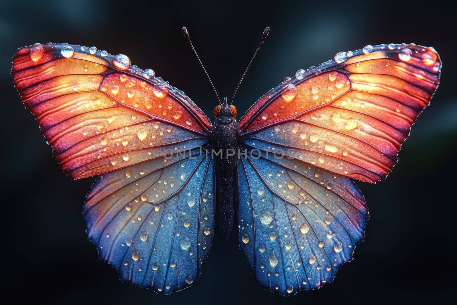 A vibrant butterfly displays striking orange and blue wings adorned with dewdrops. It rests gently on a leaf, illuminated by soft morning light. The delicate droplets enhance the colors, showcasing nature's beauty.